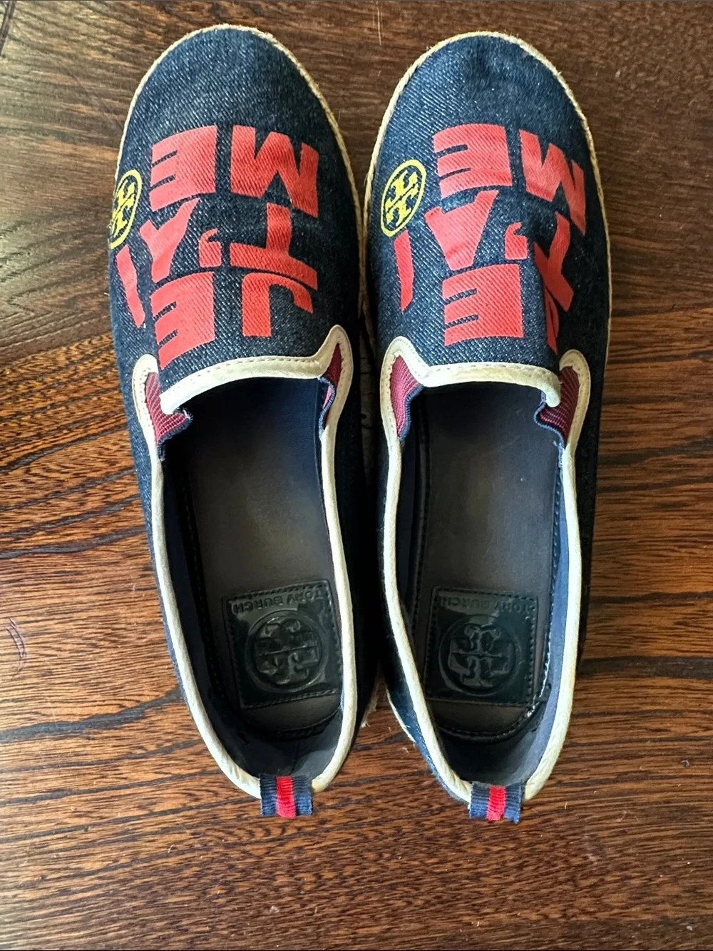 Tory Burch Navy Denim Espadrille Slip-Ons with Red Graphic